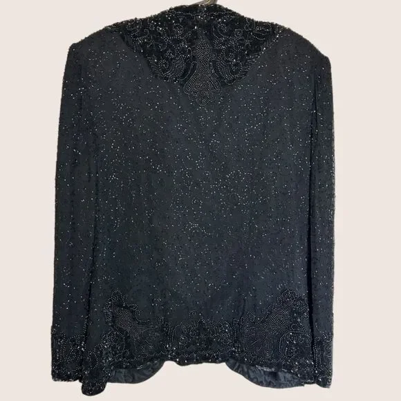 🖤 VTG 80s NITELINE DELLA ROUFOGALI SILK BEADED BLAZER JACKET BLACK XL - Picture 2 of 4